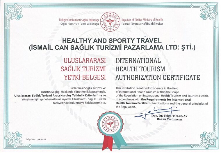 شهادة تصريح السياحة الصحية الدولية رقم AK-0884، الصادرة لشركة Healthy and Sporty Travel من وزارة صحة الجمهورية التركية